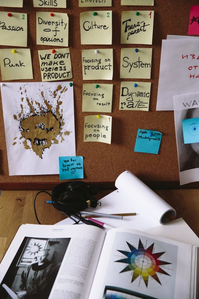 A dynamic workspace featuring sticky notes, a book, and creativity tools for graphic design inspiration.